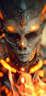 Futuristic cyborg face with glowing orange elements.