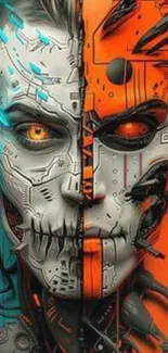 Futuristic cyborg face with vibrant orange and blue tones and intricate details.