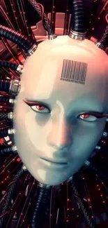 Futuristic cyborg face with intricate cables in red and black hues.