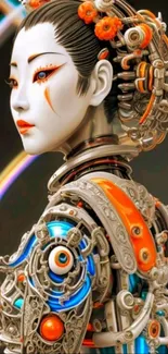 Futuristic cyborg geisha with intricate, colorful details.