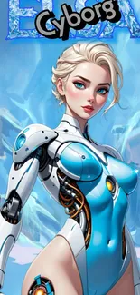 Stunning futuristic cyborg girl in neon blue armor with icy background.