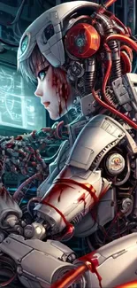 Futuristic cyborg girl with intricate robotic details on a mobile wallpaper.