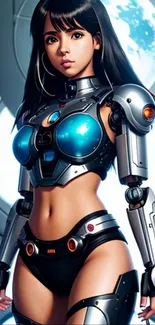 Futuristic cyborg girl in high-tech armor with a blue and silver theme.