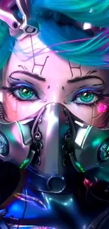 Futuristic cyborg girl with a vibrant blue and pink cyberpunk design.