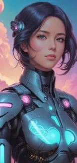 Futuristic cyborg girl with neon accents in a pastel sky background.