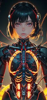 Futuristic cyborg girl with neon circuits on a dark background.