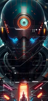 Futuristic cyborg with glowing blue and orange elements.