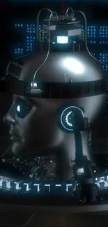 Futuristic cyborg head with glowing blue lights on a dark background.