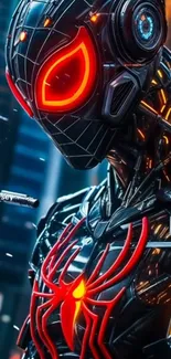 Futuristic cyborg with neon red eyes set in a vibrant cityscape.
