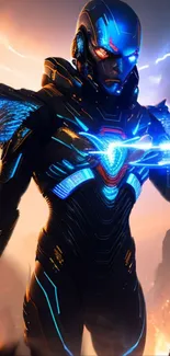 Futuristic cyborg with blue lightning in a dramatic scene.