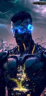 Futuristic cyborg with electric lightning and urban background.