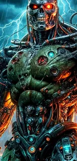 Futuristic cyborg with glowing eyes in a lightning storm.