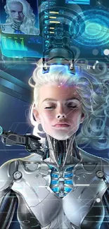 A meditating cyborg amidst futuristic technology and holographic screens.