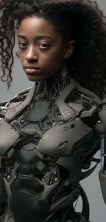 Futuristic cyborg wallpaper with gray tones and intricate robotic design.