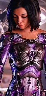 High-resolution wallpaper of a futuristic cyborg in purple armor.