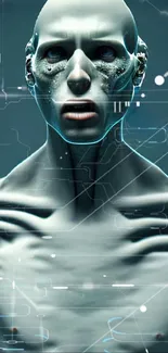 Futuristic cyborg figure on digital wallpaper background.