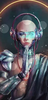 Futuristic cyborg monk with halo and armor in a digital artwork.