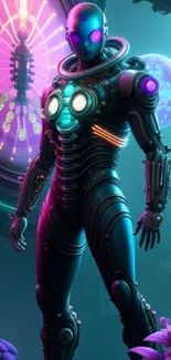 Futuristic cyborg in vibrant neon-lit scene with sci-fi elements.