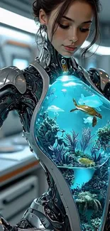 Cyborg woman with futuristic ocean habitat torso.