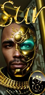 Gold-accented futuristic cyborg face design on a phone wallpaper.