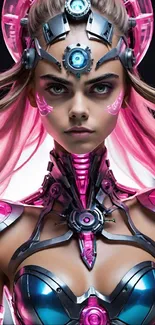 Futuristic cyborg with pink hair and technology-inspired design