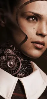 Futuristic cyberpunk art with mechanical enhancements on a woman's face in steampunk style.