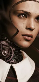 Futuristic cyborg portrait with dark brown tones.