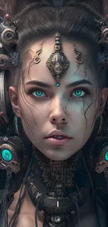 Futuristic cyborg portrait with teal accents and intricate details.