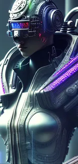 Futuristic cyborg with metallic armor and glowing elements.