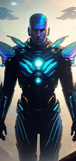 Futuristic cyborg in alien landscape with glowing armor.