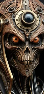 Futuristic cyborg skull with mechanical features and bronze details.