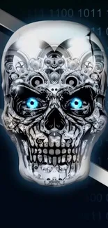 Futuristic cyborg skull with blue neon lights on dark background.