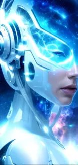 Futuristic cyborg with neon blue light in cosmic setting.