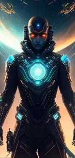 Futuristic cyborg with glowing elements in a cosmic space setting.