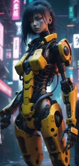 Futuristic cyborg in yellow armor on neon-lit cyberpunk street.