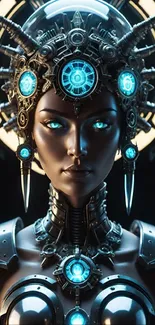 Futuristic cyborg with glowing blue elements and intricate design.