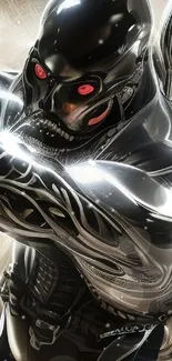 Futuristic cyborg with metallic armor and glowing red eyes in a dynamic pose.