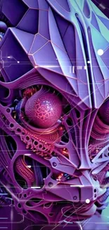 Intricate futuristic cyborg design wallpaper in glowing purple hues.