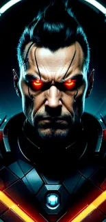 Futuristic cyborg with glowing red eyes and a high-tech suit set against a dark backdrop.