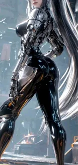 Futuristic cyborg in silver armor with long hair.