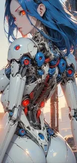 Futuristic cyborg with blue hair in sci-fi setting.