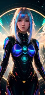 Futuristic cyborg woman in neon armor with cosmic background.