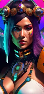 Futuristic cyborg warrior with neon accents in a vibrant sci-fi setting.