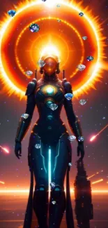 Futuristic cyborg with fiery halo surrounded by glowing elements and gems.