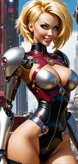 Futuristic cyborg woman in red armor, set in a sci-fi cityscape.