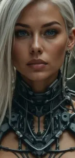 Futuristic cyborg woman with metallic design.