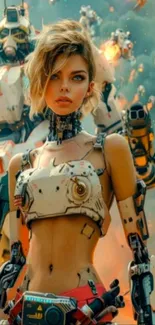 Futuristic cyborg woman artwork with robots in a sci-fi digital scene.