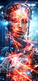 Futuristic cyborg woman glowing in blue light.