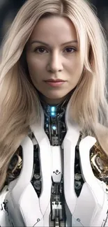 Futuristic cyborg woman with robotic features in a sci-fi themed wallpaper.