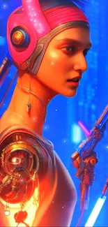 Futuristic neon cyborg woman with robotic features and vibrant blue background.